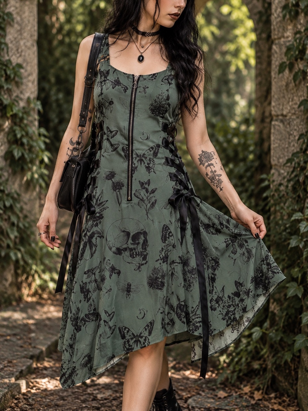 Skull Butterfly Corset Lace Up Dress Olive Green Whimsigoth Fairy Grunge Goth *